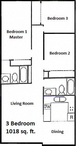 Floor plan for 3 beds, 2 baths, 1020 sqft